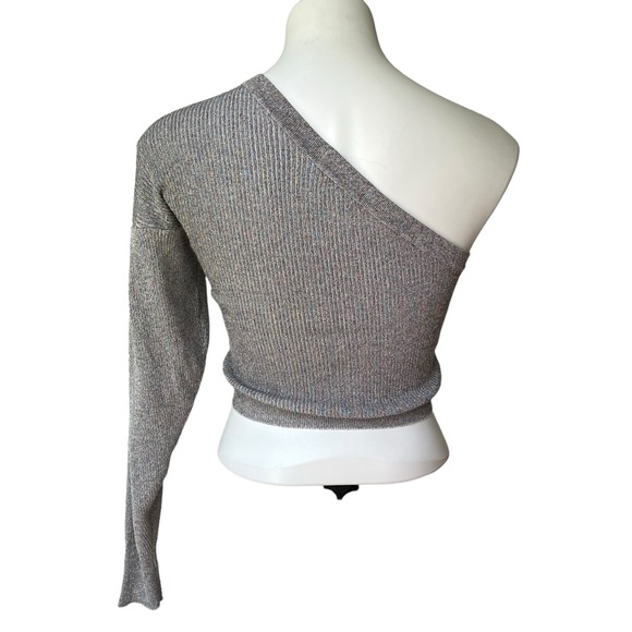 Mod On Trend Purple Shimmer Ribbed Knit Cropped One Shoulder Sweater, Sz L - Picture 2 of 14